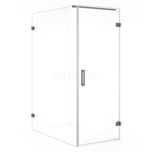 Glass shower enclosure with corner design, transparent safety glass and stylish metal accents for a modern bathroom.