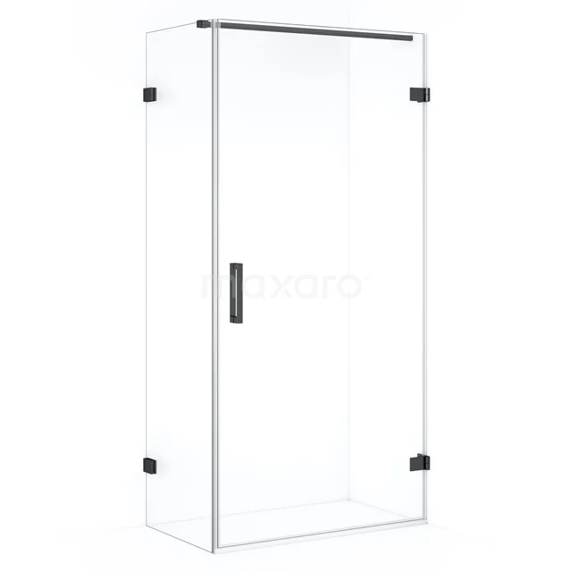 Shower enclosure with clear glass, black metal details and sliding door, modern design for any bathroom.