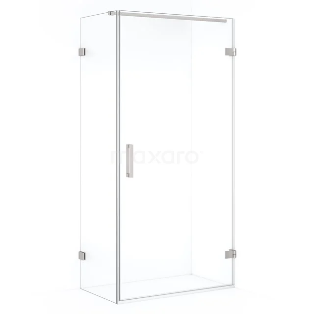 Shower enclosure with clear transparent design, corner shape, metal hinges and minimalist Handle, ideal for the bathroom.