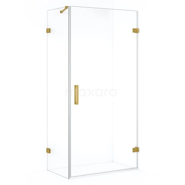 Glass shower enclosure with gold hinges and Handle, modern bathroom style, suitable for luxury shower experience.