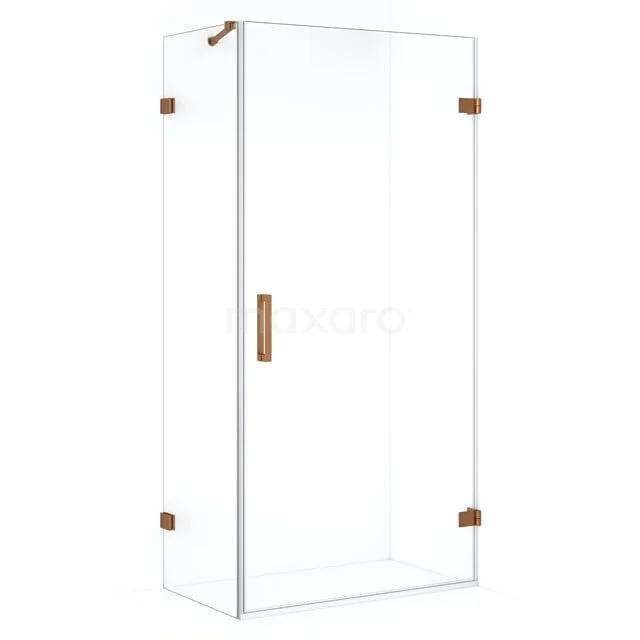 Shower enclosure with clear glass, gold accents and sleek handle, luxurious addition for any modern bathroom.
