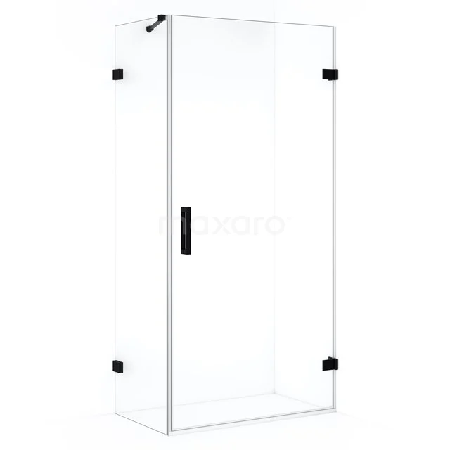 Glass shower enclosure with black accents, minimalist design, perfect for modern bathrooms.