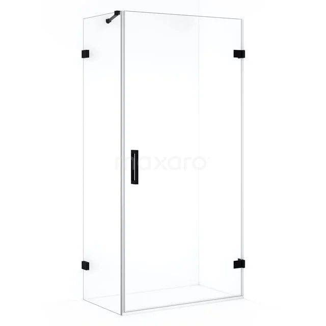 Glass shower enclosure with black accents, minimalist design, perfect for modern bathrooms.