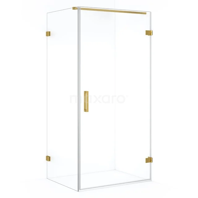 Glass shower enclosure with gold accents, minimalist design and pivot door, perfect for a modern bathroom.