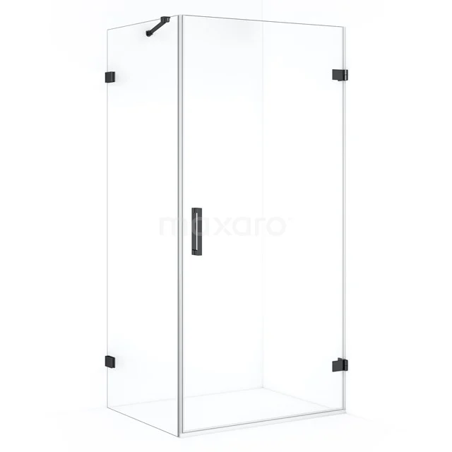 Glass shower enclosure with sleek black accents, square design, ideal for a modern bathroom.