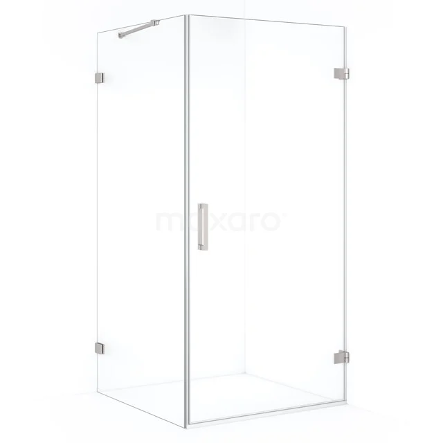 Glass shower enclosure, square design, transparency, stainless steel details, perfect for a modern bathroom.