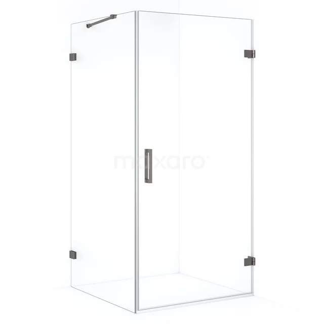 Glass shower enclosure with corner step, transparent safety glass and black metal hinges, ideal for modern bathrooms.