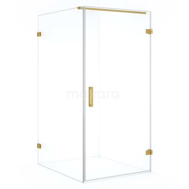 Glass shower enclosure with gold accents, angular design, perfect for a stylish bathroom.