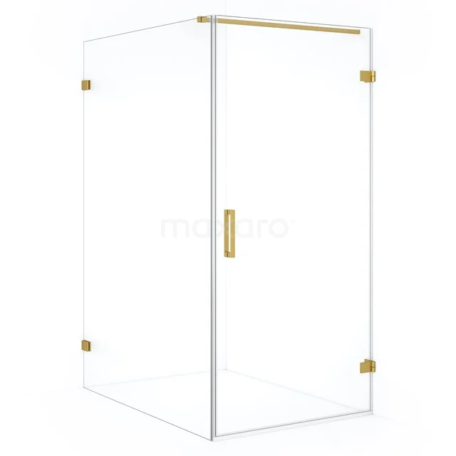 Glass shower enclosure with gold accents, minimalist design, perfect addition to a modern bathroom.