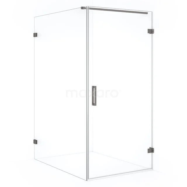 Glas Duschkabine mit Eckeinstieg, minimalistisches Design, Klarglas und metallene Scharniere, ideal für ein modernes Badezimmer.