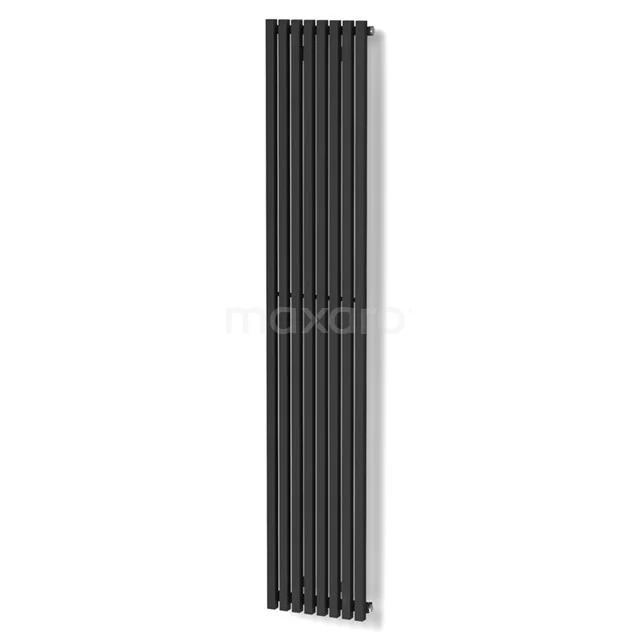 Black vertical radiator, slim design finish, ideal for modern bathrooms, durable metal construction.