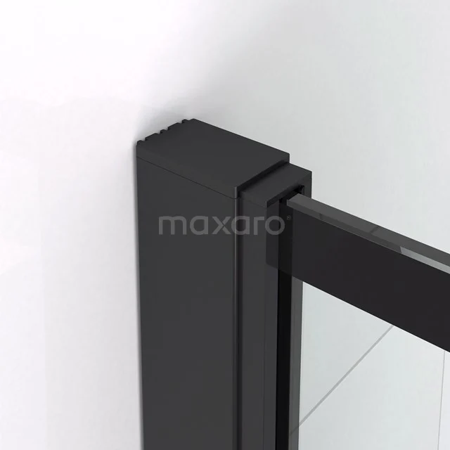 Schwarze Aluminiumprofile von einer Duschwand mit Klarglas, elegantes Design für ein modernes Badezimmer.
