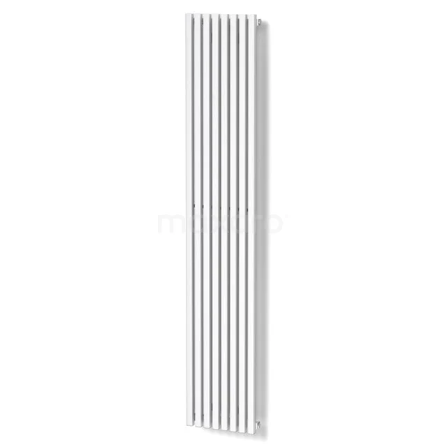 White vertical aluminium design radiator with slim slats, ideal for a modern bathroom.