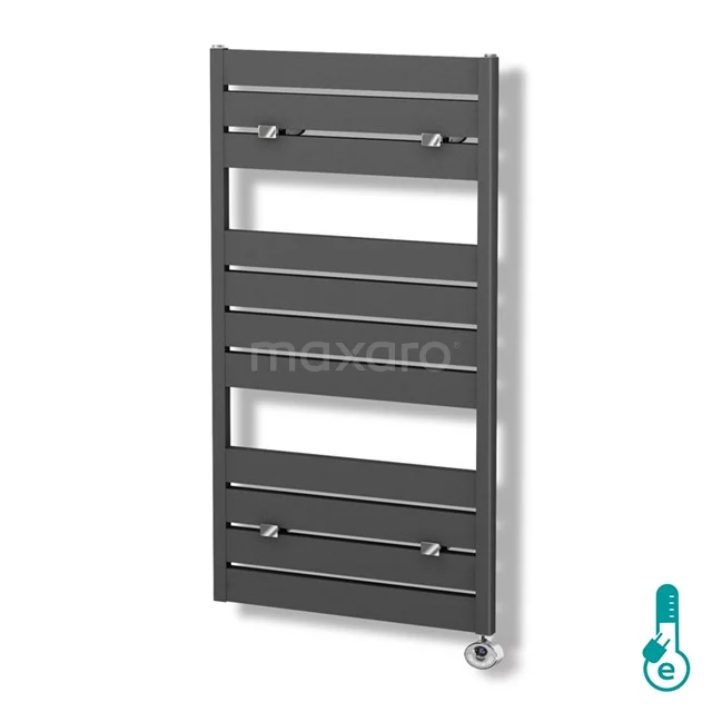 Anthracite-coloured towel radiator with sleek design, ideal for modern bathrooms, made of durable metal.