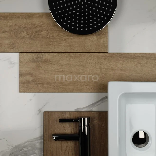 Black rain shower and tap above wooden bathroom unit with white vanity units with basin, modern design with marble accents.