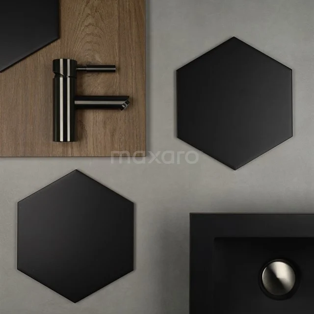 Verso-Light-grey-Aspect-Zwart-Middenbruin-eiken-Zwart-metaal_H.jpg Black hexagonal bathroom tile, matte surface, combined with sleek modern bathroom design and dark wood.