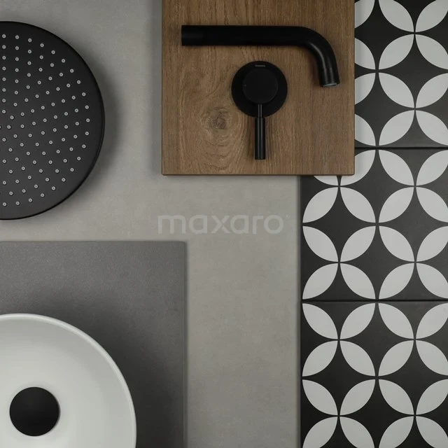 Verso-Light-grey-Verso-Dark-Grey-Memory-Royal-black-Middenbruin-eiken-Zwart_H.jpg Zwarte design wastafelkranen op houten paneel, ronde witte wastafel en mozaïek badkamertegels met zwart-wit patroon.