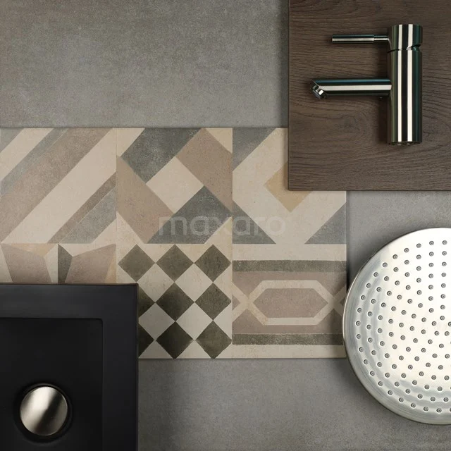 Vision-Light-grey-Vision-Decor-Donkerbruin-eiken-Rvs_H.jpg Grijze keramische badkamertegel met geometrisch patroon, ideaal voor moderne badkamerinrichtingen.