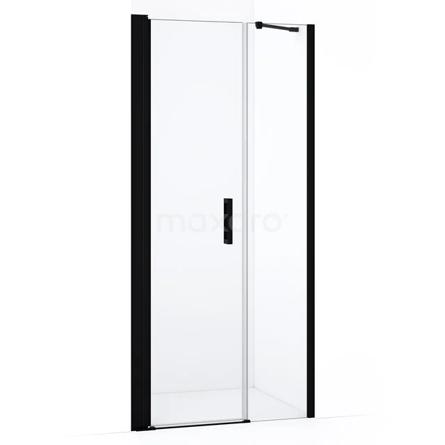 Modern glass shower door with black metal frame, swivel system, perfect for stylish bathroom design.