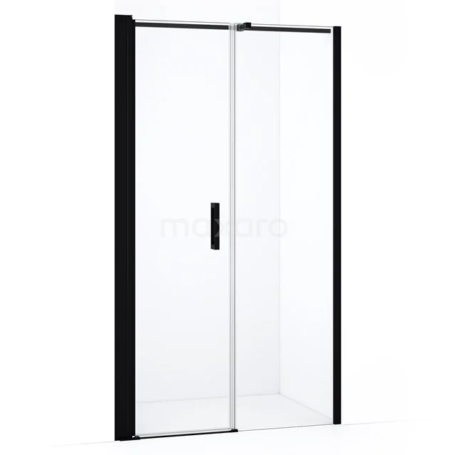 Black shower door with clear glass, sliding mechanism and sleek finish, perfect for a modern bathroom.