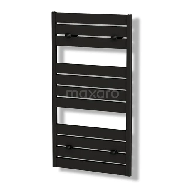 Schwarzer Design-Handtuchheizkörper mit horizontalen Lamellen, rechteckiger Form und matter Oberfläche, ideal für moderne Bäder.