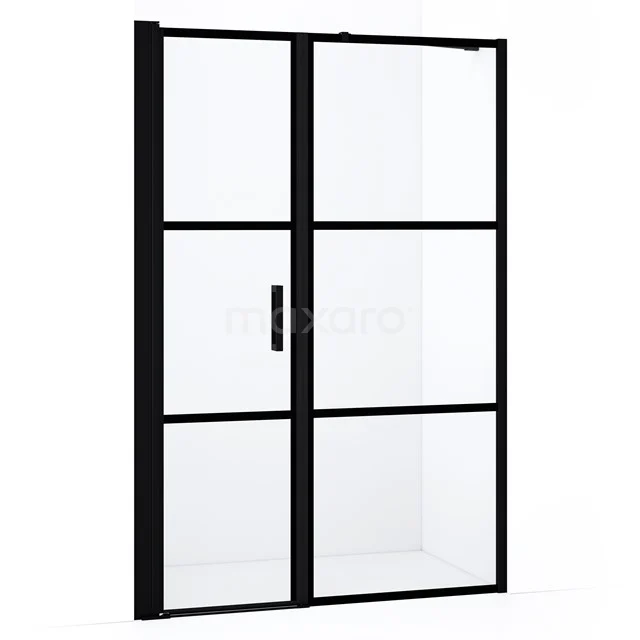 Schwarze Duschtür mit industriellem Rahmen, zwei Glasplatten, ideal für eine moderne Badezimmer Einrichtung.