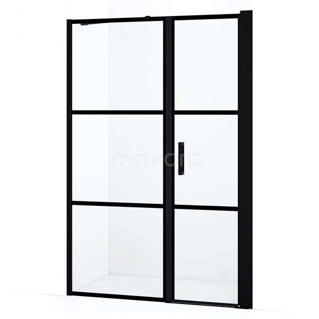 Matt Schwarz Duschtür mit industriellem Aussehen, Klarglas und Stahlprofil; perfekt für ein modernes Badezimmer.