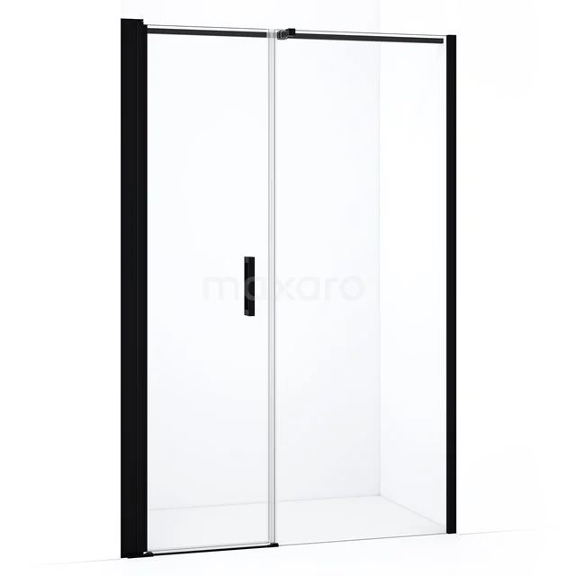 Black aluminium shower door with clear glass, sliding design, perfect for modern bathroom layouts.