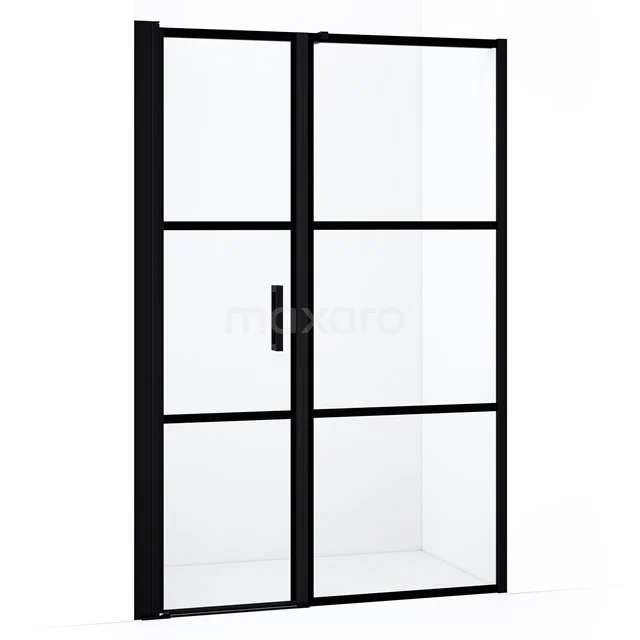 Schwarze Duschtür mit industriellem Design, Klarglas und mattschwarzen Profilen, ideal für einen modernen Badezimmerstil.