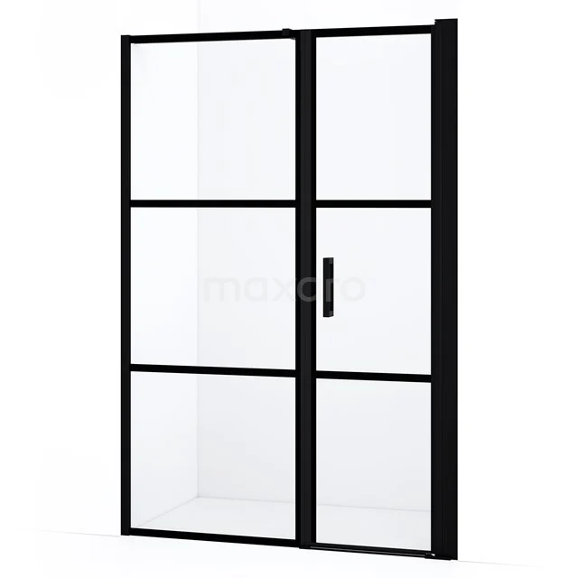 Schwarze, metallene Duschtür mit Klarglas und industriellem Design, ideal für eine moderne Badezimmer Einrichtung.