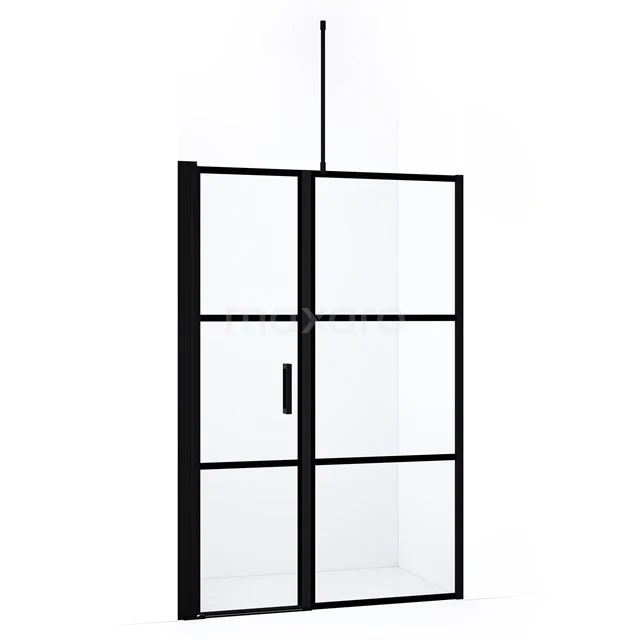 Schwarze industrielle Duschwand mit matt schwarzem Rahmen und Glasplatten, perfekt für einen modernen Badezimmerstil.