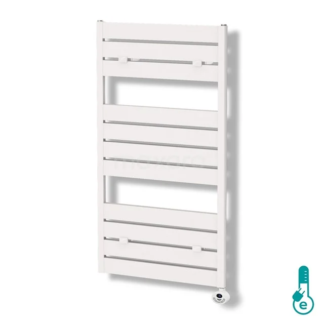 White towel radiator with horizontal slats, plastic-coated, ideal as a heat solution in modern bathrooms.