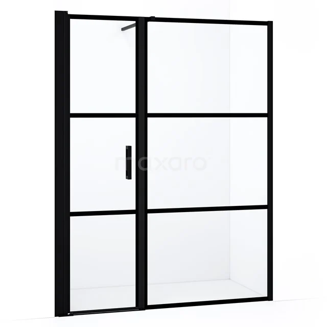 Schwarze industrielle Duschwand mit Schiebetür, mattem Rahmen und Klarglas, perfekt für ein modernes Badezimmer.