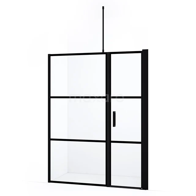 Schwarze metallene Duschwand mit industriellem Aussehen, Glasplatten und klarem Design, perfekt für moderne Bäder.