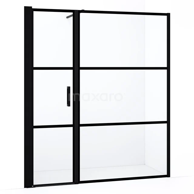 Diamond Duschtür | 180 cm Matt Schwarz Klar mit 4 schwarzen Streifen Drehtür DDC1106121118MB Schwarze industrielle Duschwand mit matten Profilen und Klarglas, perfekt für einen modernen Badezimmerstil.