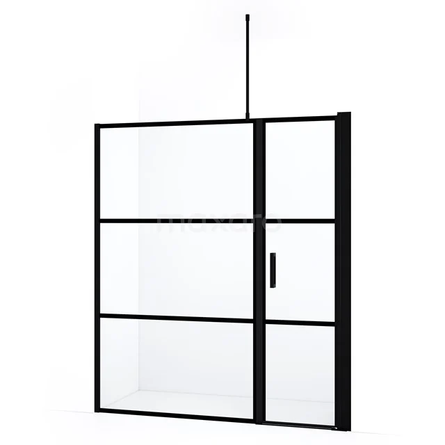 Schwarze industrielle Duschwand mit Schiebetür und Klarglas, perfekt für einen modernen Badezimmerstil.