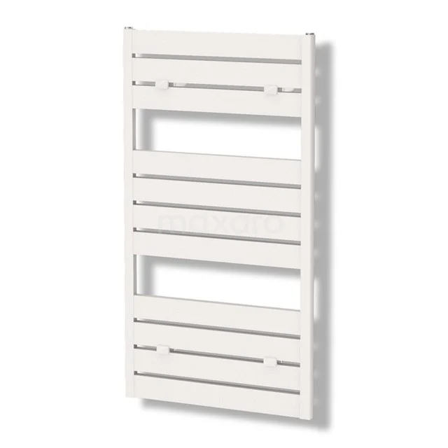 Weißer Handtuchheizkörper mit horizontalen Lamellen, ideal für das Badezimmer; langlebiges Metall-Design aus der Comfort-Serie.