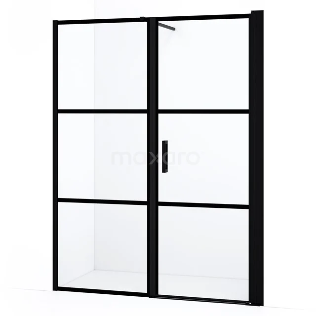 Diamond Douchedeur | 150 cm Mat zwart Helder met 4 zwarte strepen Draaideur DDC1207081118MBN Zwarte industriële douchedeur met helder glas en metalen frame, ideaal voor een moderne badkamerstijl.