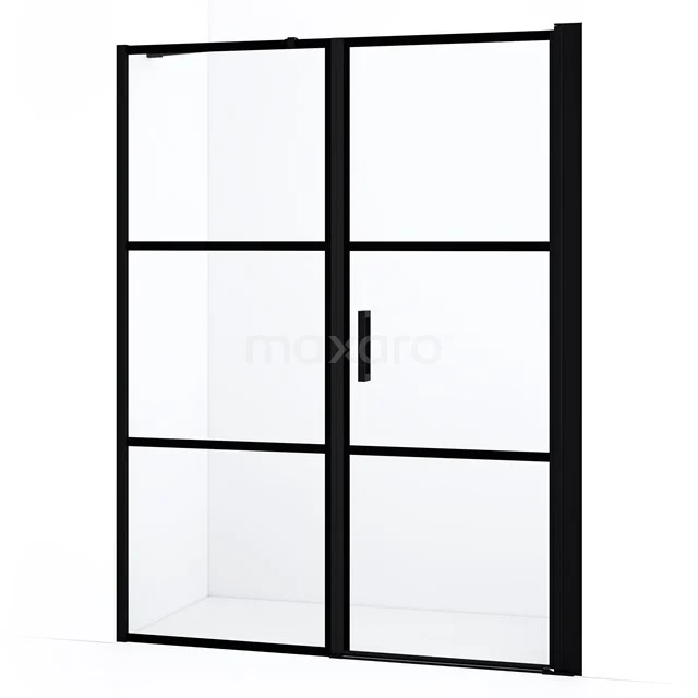 Diamond Shower door | 150 cm Matte black Clear with 4 black stripes Pivot door DDC1207081218MBN Black shower door with clear glass and steel frame, modern industrial style, perfect for stylish bathroom decor.