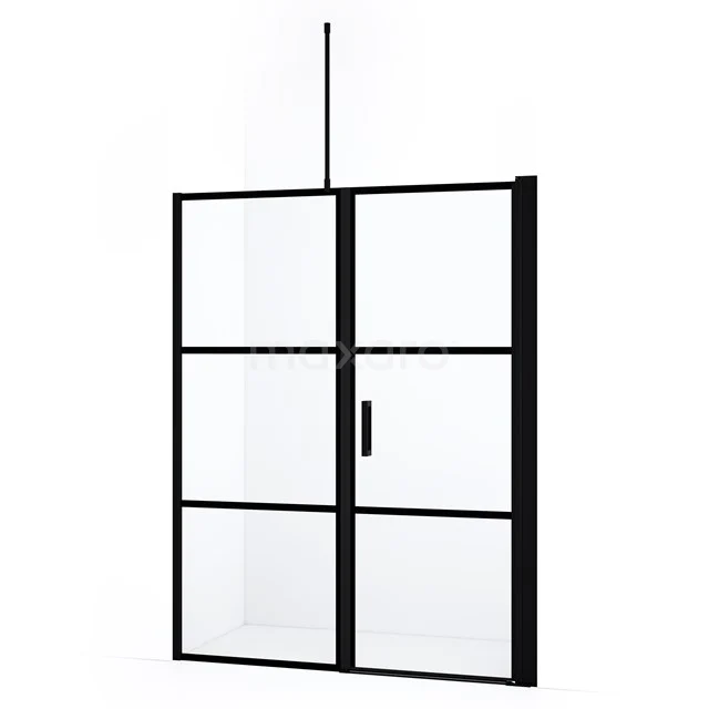 Diamond Douchedeur | 150 cm Mat zwart Helder met 4 zwarte strepen Draaideur DDC1207081718MBN Zwarte stalen douchewand met helder glas, industrieel design, geschikt voor moderne badkamers, met verticale handgreep.