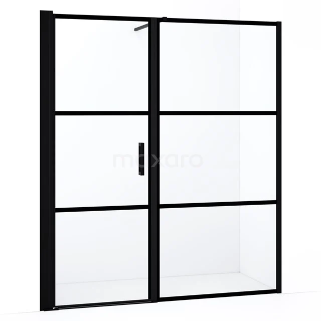 Schwarze industrielle Duschtür mit matt schwarzen Profilen, Klarglas und modernem Stil. Perfekt für ein trendiges Badezimmerdesign.