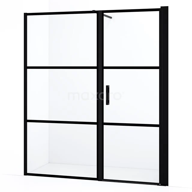 Diamond Douchedeur | 160 cm Mat zwart Helder met 4 zwarte strepen Draaideur DDC1207091118MBN Zwarte industriële douchewand met deur, mat zwart frame en helder glas, perfect voor een moderne badkamerstijl.