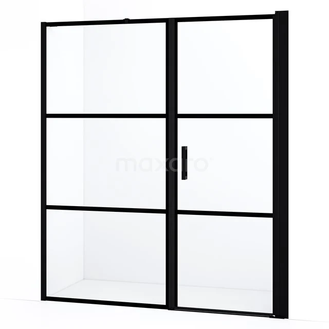 Schwarze Stahlglas-Duschtür mit modernem Rasterdesign, ideal für eine stilvolle industrielle Badezimmergestaltung.