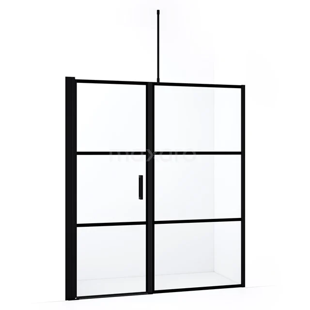 Schwarze industrielle Duschwand mit mattschwarzem Rahmen, Klarglas und Stahlakzenten für ein stilvolles Badezimmer.