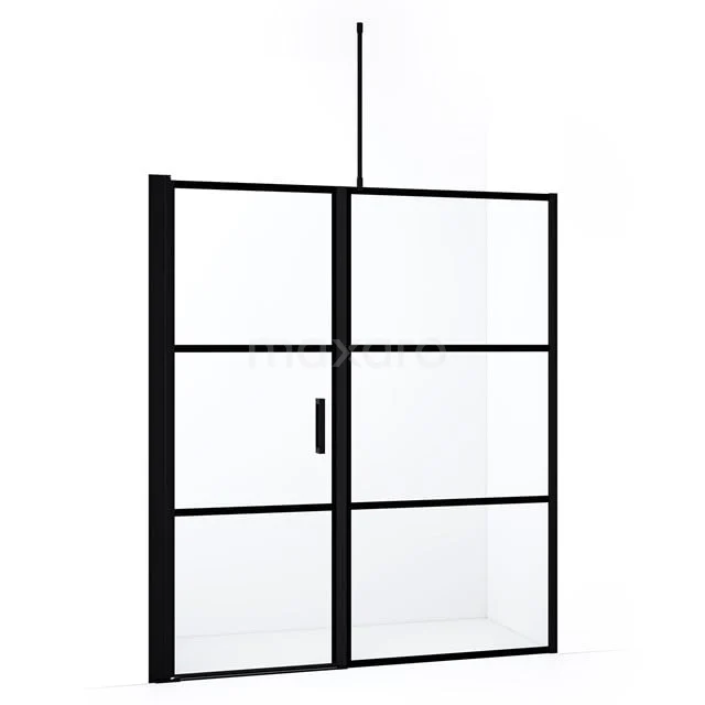 Duschtür Diamond DDC1108101718MBN Schwarze industrielle Duschwand mit mattschwarzem Rahmen, Klarglas und Stahlakzenten für ein stilvolles Badezimmer.