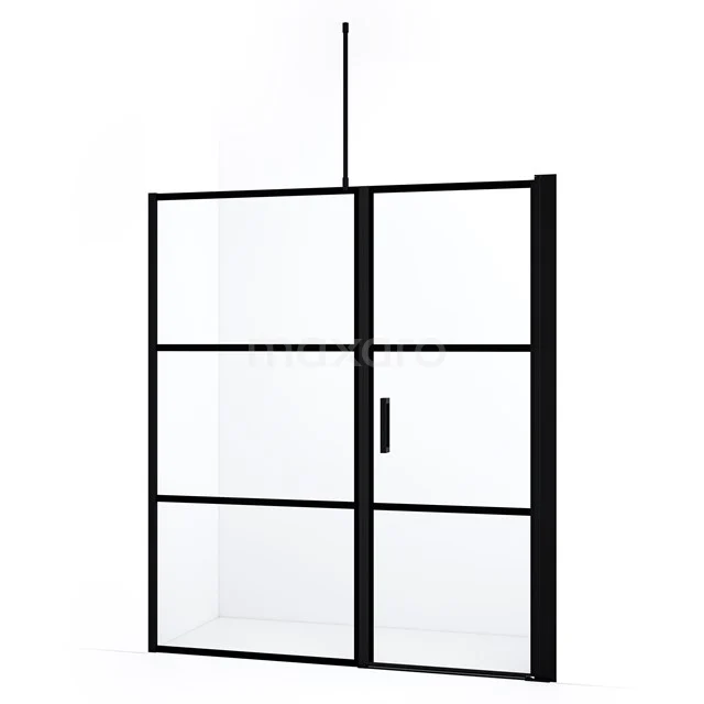 Diamond Douchedeur | 160 cm Mat zwart Helder met 4 zwarte strepen Draaideur DDC1207091718MBN Zwarte industriële douchewand met deur, matzwart frame en helder glas, perfect voor een moderne badkamerstijl.