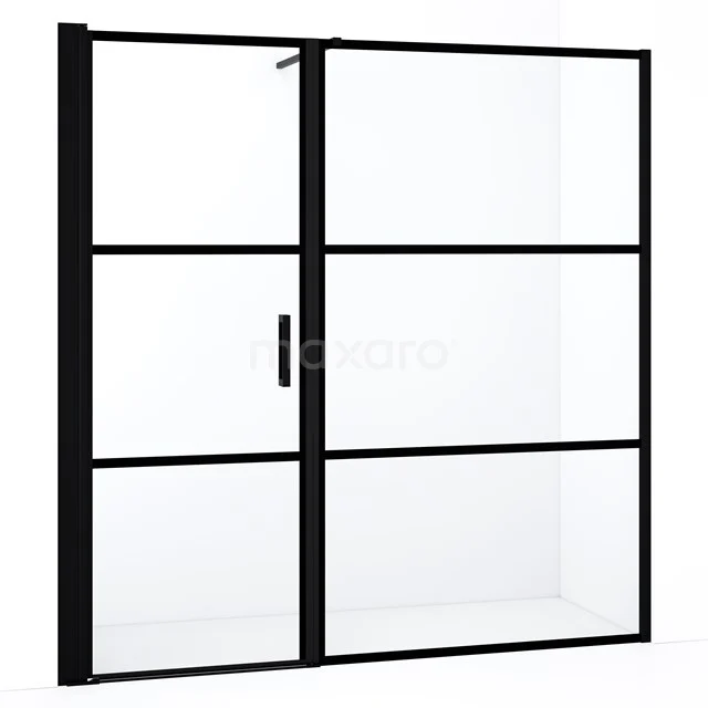 Schwarze Duschwand mit Matt Schwarz Profilen, industrielles Design, Klarglas, perfekt für einen modernen Badezimmerstil.