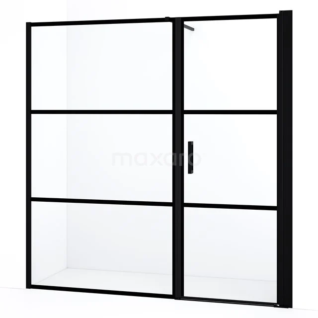 Diamond Douchedeur | 180 cm Mat zwart Helder met 4 zwarte strepen Draaideur DDC1207111118MBN Zwarte douchewand met schuifdeur, mat zwart frame en industrieel design, ideaal voor een moderne badkamer.