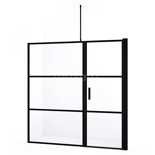 Diamond Douchedeur | 180 cm Mat zwart Helder met 4 zwarte strepen Draaideur DDC1207111718MBN Mat zwarte douchewand met schuifdeur, industrieel ontwerp, glas en aluminium, ideaal voor een moderne badkamerstijl.