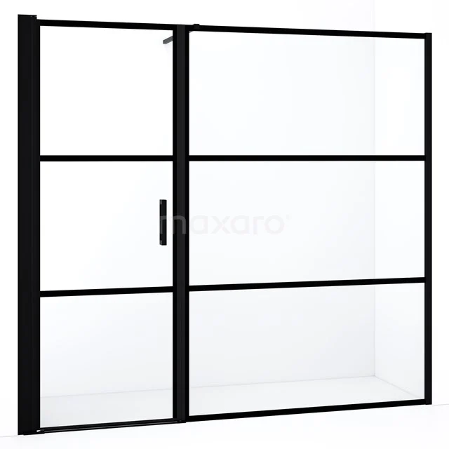 Schwarze industrielle Duschwand mit Matt Schwarz Rahmen, Klarglas und Drehtür, ideal für moderne Bäder.